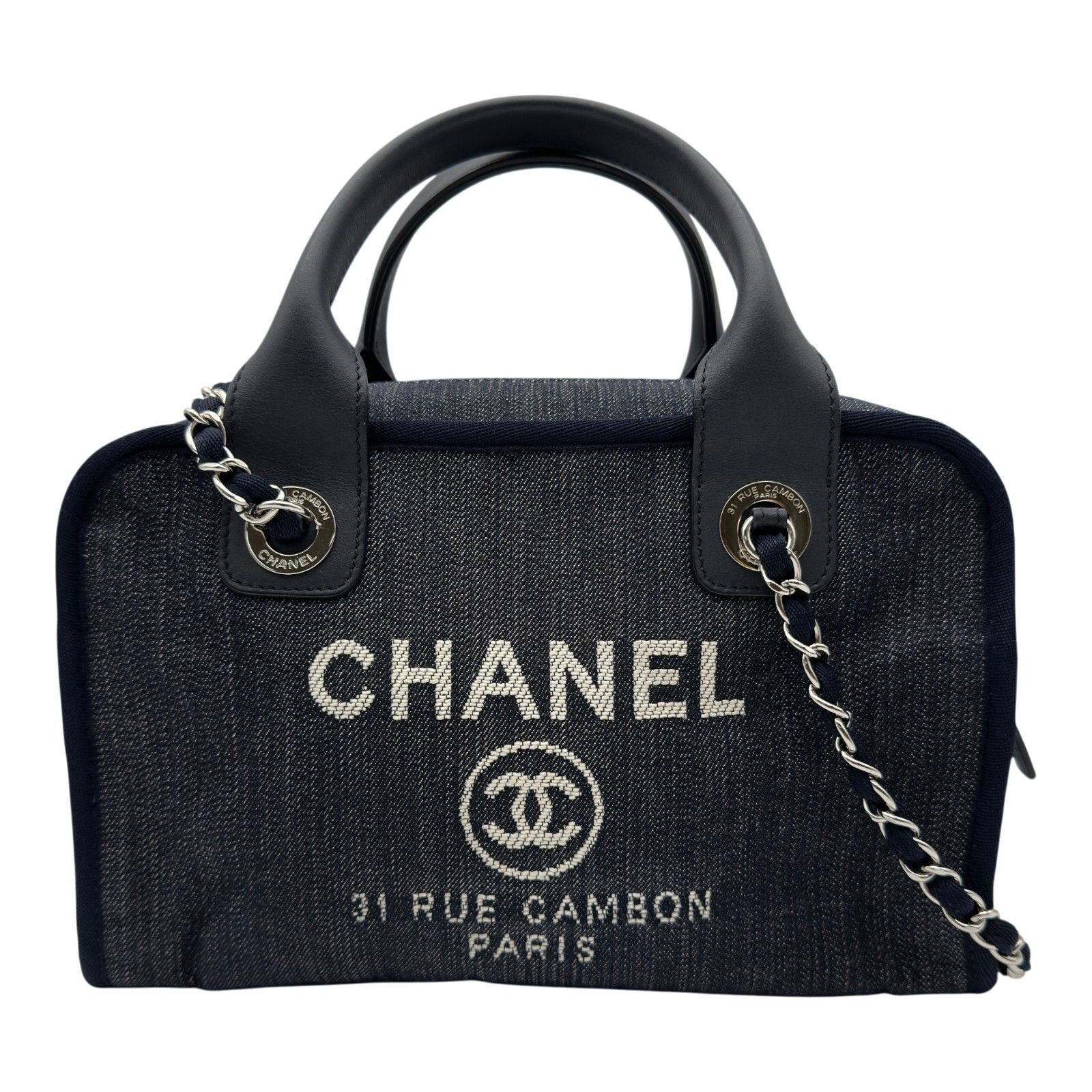 デニム ネイビー 紺 シルバー金具 A92749 シャネル CHANEL ドーヴィル ボーリングバッグ A92749 ネイビー