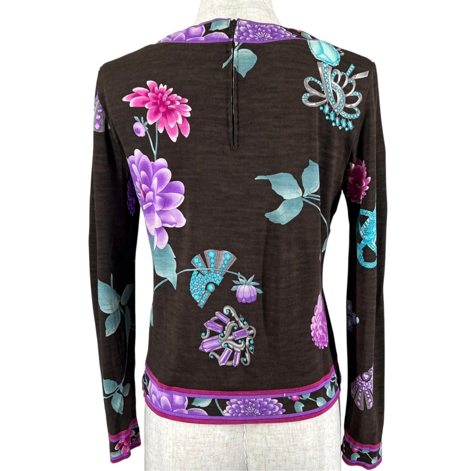 極美品▲LEONARD FASHION レオナール ファッション 389641 ウール シルク 花柄 長袖 カットソー マルチカラー 38 日本製 正規品 レディース 極美品△LEONARD FASHION レオナール ファッション 389641 ウール