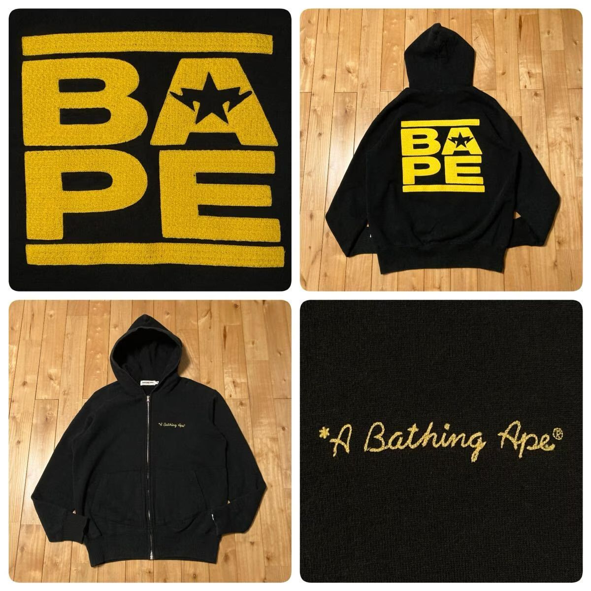 たけふくベイプスター刺繍 ジップアップパーカー 刺繍 BAPE STA LOGO ジップ パーカー Mサイズ ブラック a bathing ape