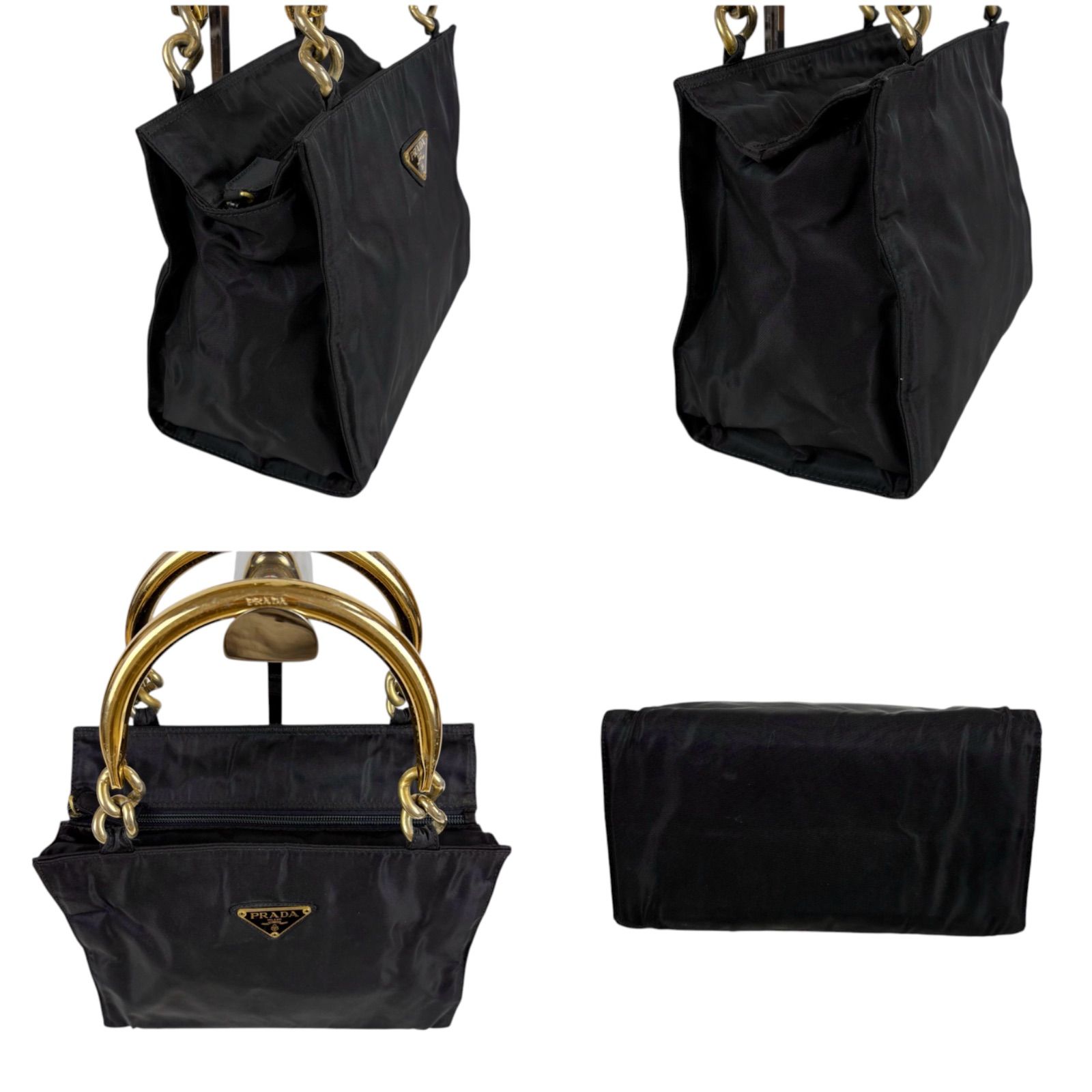 プラダ テスート メタルハンドル ロゴ ハンドバッグ ナイロン 黒 プラダ PRADA トライアングルロゴ メタルハンドルバッグ テスート