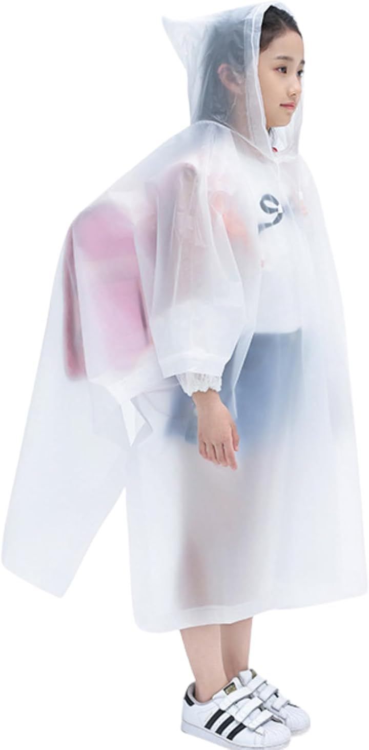 DZTSMART Kids Rain Poncho for Kids, EVA Material, Can Be Used Multiple Times, Boys and Girls, Stylish, 130g, Ultra Lightweight, Water Repellent, Windproof, Elementary School, School, Rainy Day, Bicycle, Field Trip (White, for Kids (Suitable Height 121-150cm))