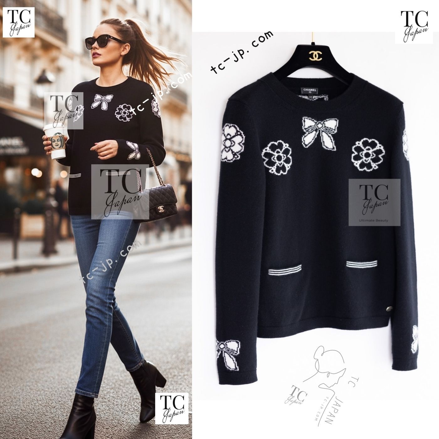 シャネル セーター CHANEL ブラック リボン カメリア カシミア ニット
