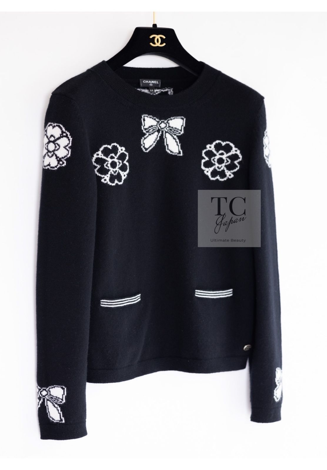 シャネル セーター CHANEL ブラック リボン カメリア カシミア ニット