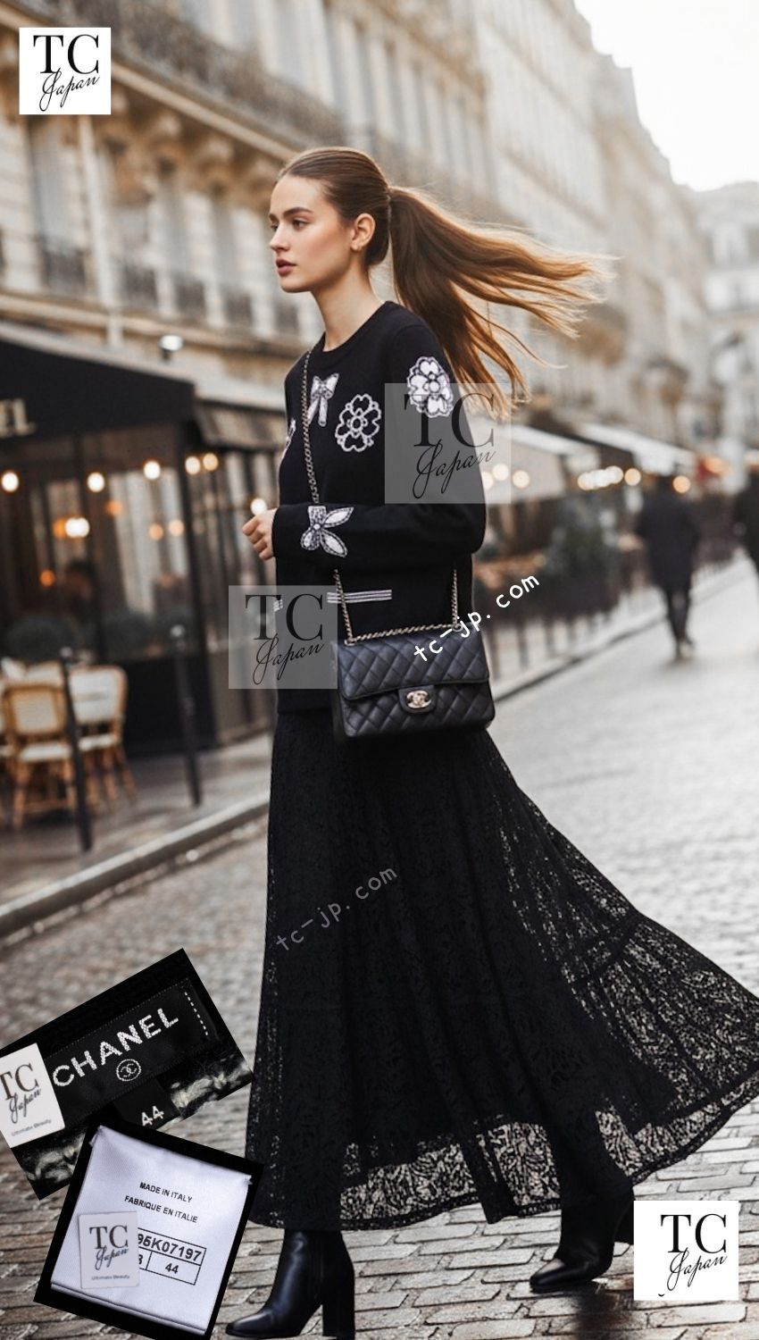 シャネル セーター CHANEL ブラック リボン カメリア カシミア ニット