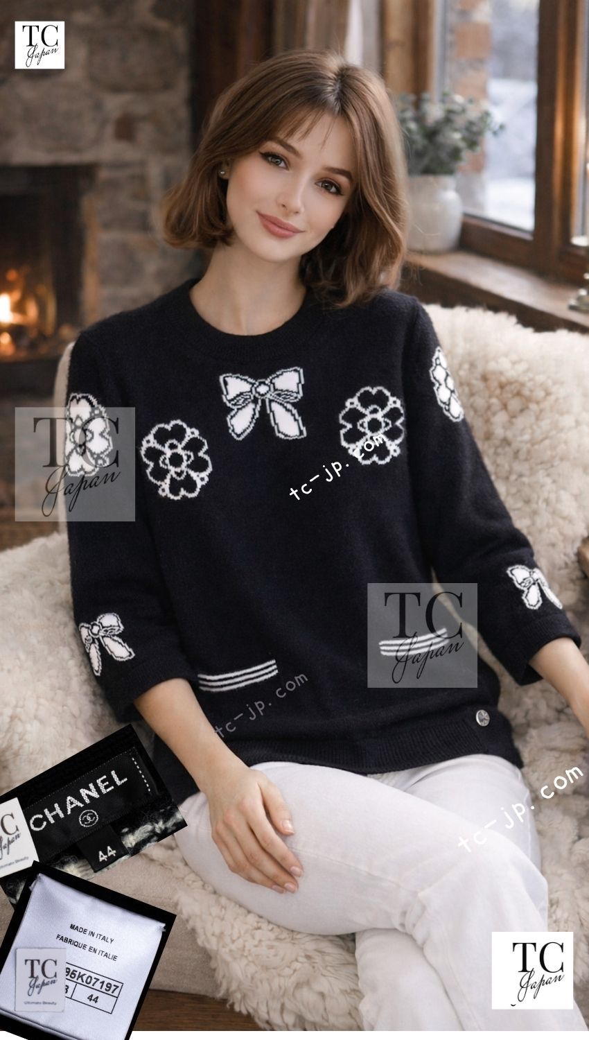 シャネル セーター CHANEL ブラック リボン カメリア カシミア ニット
