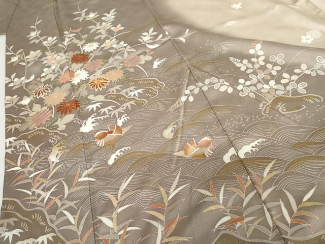 平和屋着物●訪問着　友禅　駒刺繍　鴛鴦枝花文　暈し染め　金彩　正絹　逸品　AABH3699cs 平和屋着物○訪問着 友禅 駒刺繍 鴛鴦枝花文 暈し染め 金彩 正絹 逸品