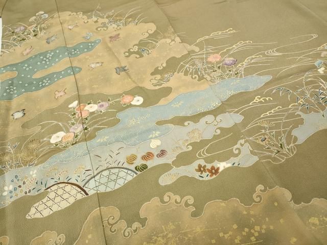 平和屋着物●千くさ染繍　色留袖　刺繍　エ霞飛鶴草花文　金彩　三越扱い　正絹　逸品　CABE7156ut 平和屋着物○千くさ染繍 色留袖 刺繍 エ霞飛鶴草花文 金彩 三越扱い