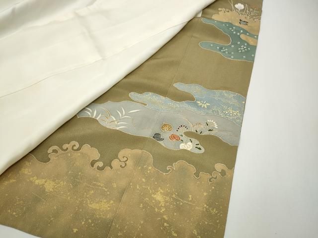 平和屋着物●千くさ染繍　色留袖　刺繍　エ霞飛鶴草花文　金彩　三越扱い　正絹　逸品　CABE7156ut 平和屋着物○千くさ染繍 色留袖 刺繍 エ霞飛鶴草花