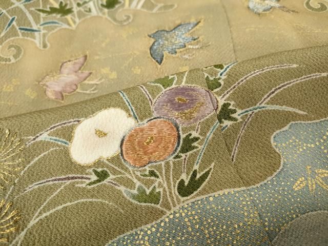 平和屋着物＃羽織　仮絵羽　刺繍　草花文　金彩　正絹　逸品　未使用　CABE5294in 平和屋着物○千くさ染繍 色留袖 刺繍 エ霞飛鶴草花文 金彩 三越扱い