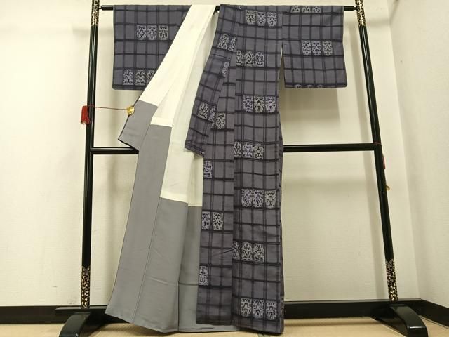 平和屋着物●上質な小紋　紬地　ろうけつ染め　格子　正絹　逸品　AABH5393ph 平和屋着物○上質な小紋 紬地 ろうけつ染め 格子 正絹 逸品 AABH5393ph