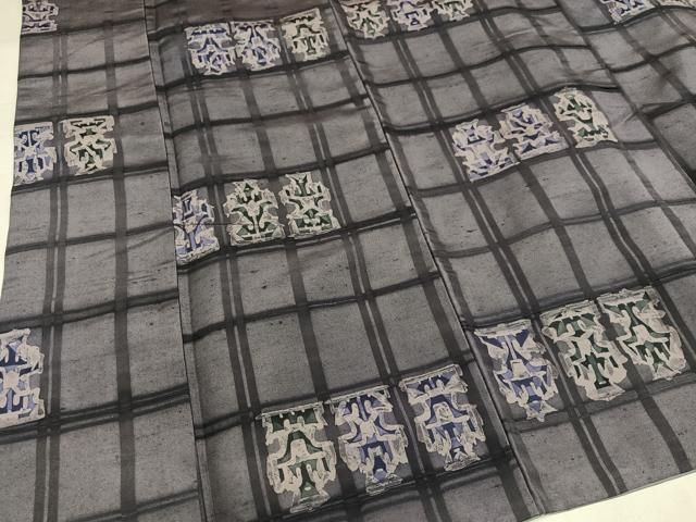 平和屋着物○上質な小紋 紬地 ろうけつ染め 格子 正絹 逸品 AABH5393ph