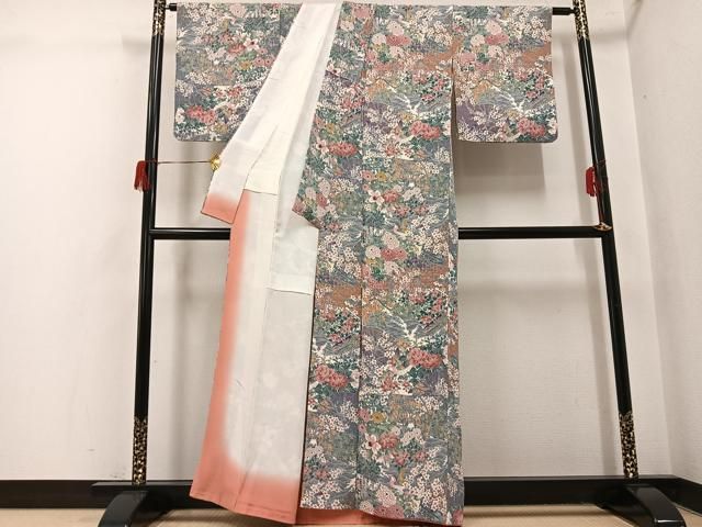 平和屋着物○上質な小紋 友禅 花鳥文 鬼しぼ縮緬 正絹 逸品 AABH6803ph