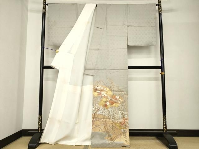 平和屋着物●豪華色留袖　駒刺繍　渡り橋地紙花文　金彩　正絹　逸品　AABH5851ck 平和屋着物○豪華色留袖 駒刺繍 渡り橋地紙花文 金彩 正絹 逸品