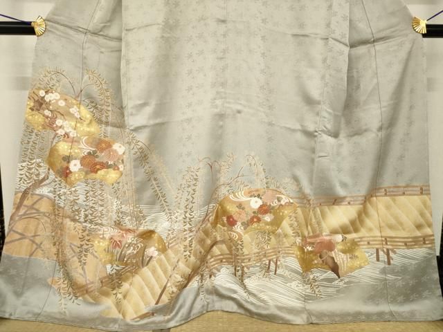 平和屋着物○豪華色留袖 駒刺繍 渡り橋地紙花文 金彩 正絹 逸品