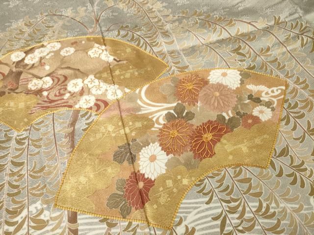 平和屋着物●豪華色留袖　駒刺繍　渡り橋地紙花文　金彩　正絹　逸品　AABH5851ck 平和屋着物○豪華色留袖 駒刺繍 渡り橋地紙花文 金彩 正絹 逸品