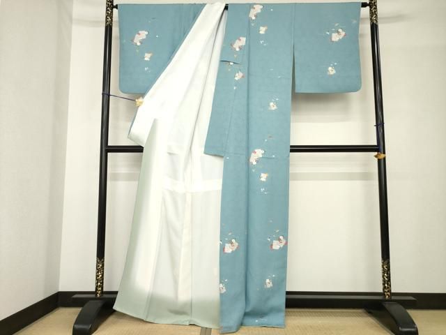 平和屋着物●上質な小紋　本藍　型染め　草花文　やまと誂製　正絹　逸品　AABF5392ph 平和屋着物▽上質な小紋 単衣 型染め 風景花文 鬼しぼ縮緬 やまと誂製