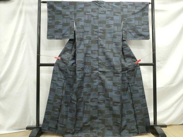 平和屋着物▽上質な紬　単衣　幾何学文　正絹　逸品　AAAV8381fy 平和屋着物▽上質な紬 単衣 幾何学文様 正絹 逸品 未使用 AABB3894jh