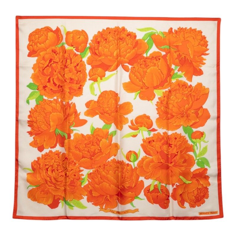 エルメス カレ90 Les Pivoines 芍薬 スカーフ ホワイト オレンジ