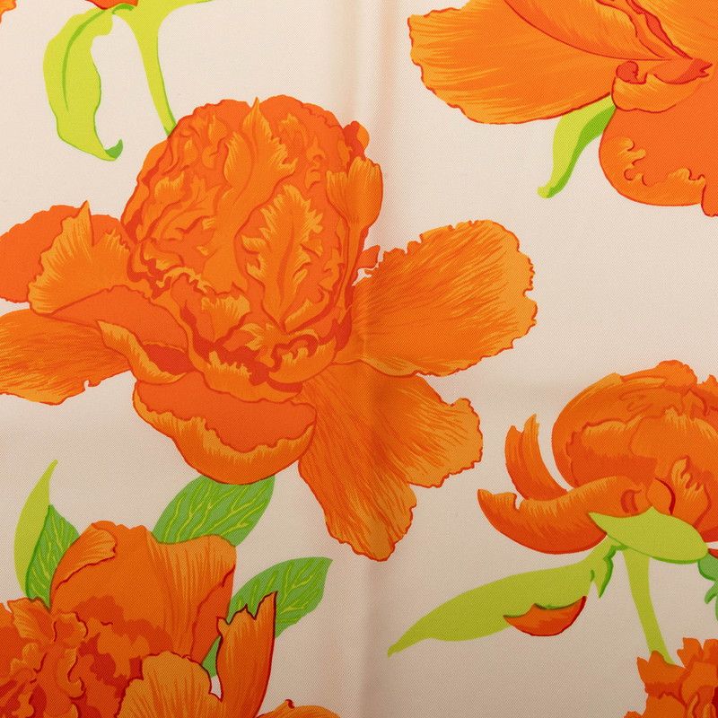 エルメス カレ90 Les Pivoines 芍薬 スカーフ ホワイト オレンジ