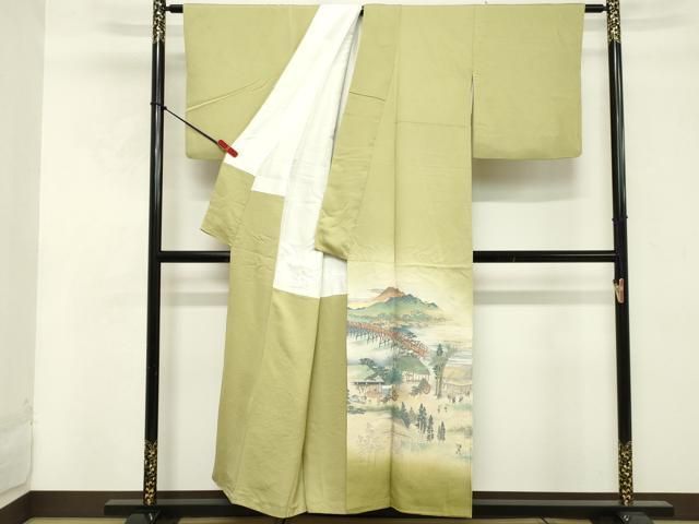 平和屋着物●お召　色留袖　寿光織　横段文　金糸　正絹　逸品　AABG9855cs 平和屋着物□豪華色留袖 寿光織 檜扇人物花文 暈し染め 金糸 ロング丈