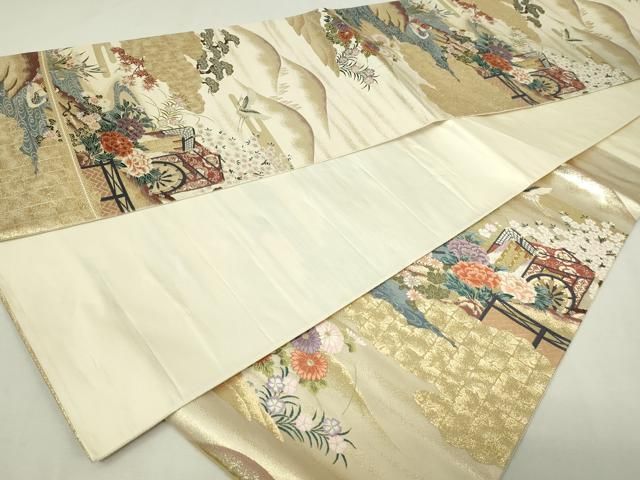 平和屋本店▼六通柄袋帯　唐織　御所車御苑文　本金二重箔　正絹　逸品　DABE9332sf 平和屋本店▽六通柄袋帯 唐織 御所車御苑文 本金二重箔 正絹 逸品