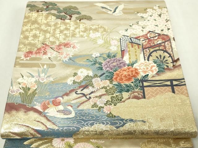 平和屋本店▼六通柄袋帯　唐織　御所車御苑文　本金二重箔　正絹　逸品　DABE9332sf 平和屋本店▽六通柄袋帯 唐織 御所車御苑文 本金二重箔 正絹 逸品