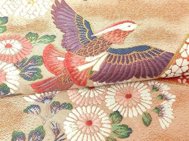 平和屋本店▼六通柄袋帯　唐織　地紙花鳥文　秀水　純金箔　正絹　逸品　DABE9333sf 平和屋着物◎六通柄袋帯 唐織 花鳥文 黒地 金銀糸 正絹 逸品