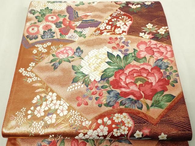 平和屋本店▼六通柄袋帯　唐織　地紙花鳥文　秀水　純金箔　正絹　逸品　DABE9333sf 平和屋本店▽六通柄袋帯 唐織 地紙花鳥文 秀水 純金箔 正絹 逸品