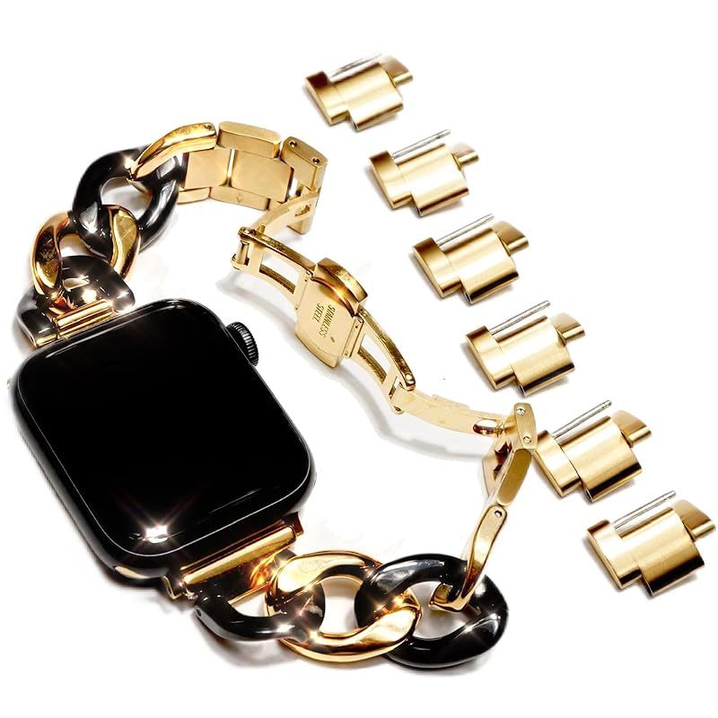 Royce&Roland Apple watch チェーンバンド バタフライバックル おしゃれ アップルウォッチ 時計 バンド (ステンレス/シルバー) レディース メンズ ギフト プレゼント (44mm 45mm 46mm 49mm, ゴールド/ブラック 1