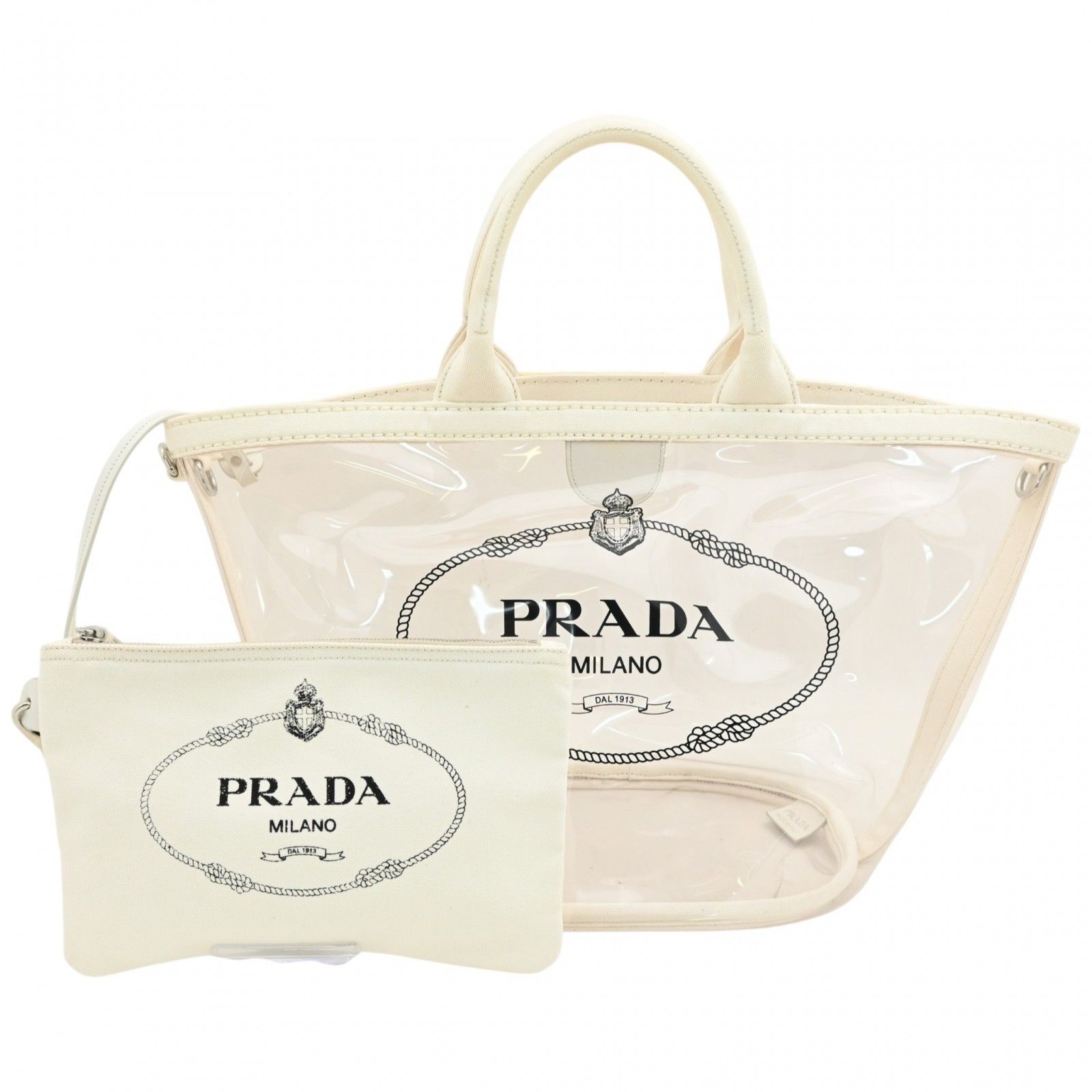 美品 PRADA プラダ プレックス カナパ クリアトートバッグ ポーチ付 白 