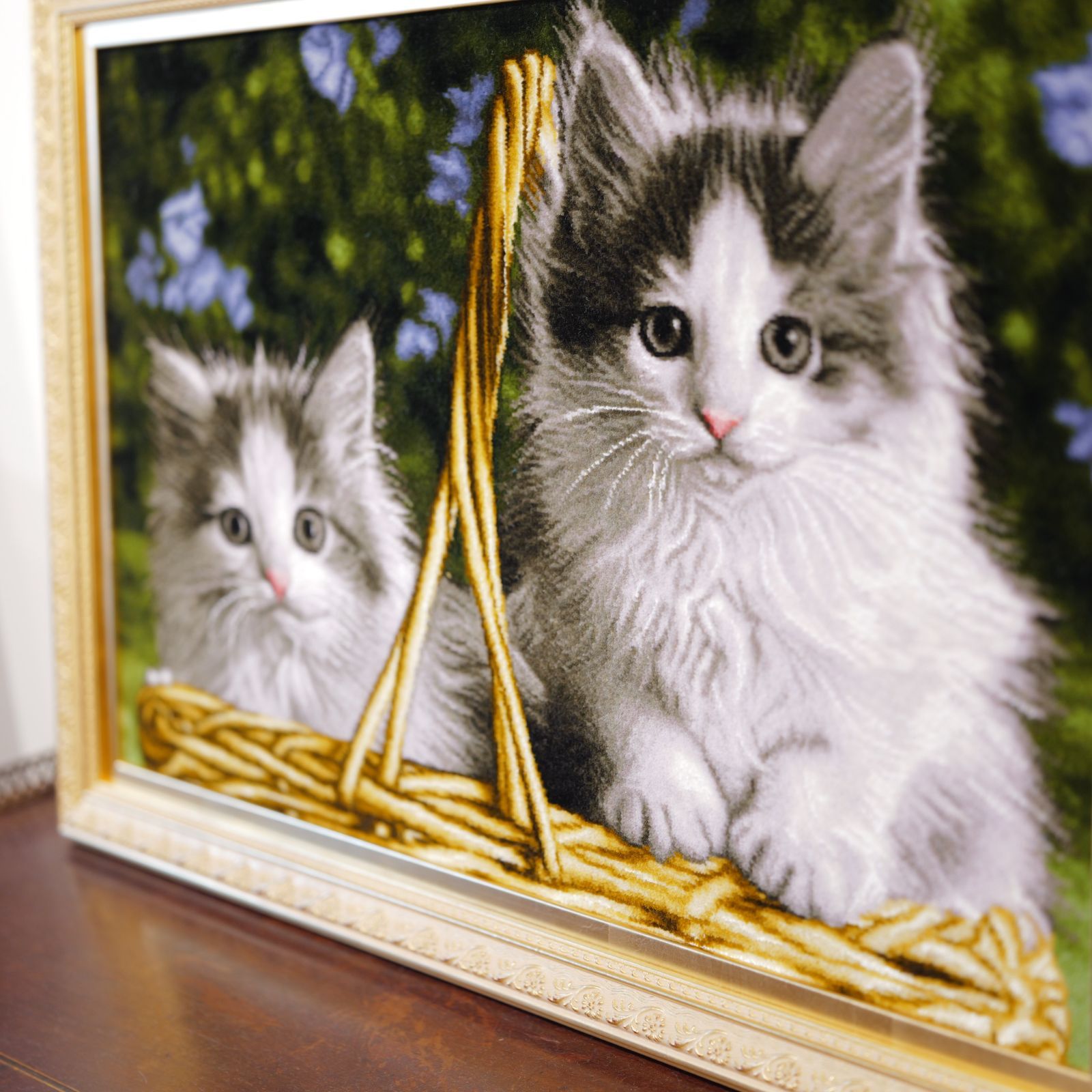 タブリーズ産 ペルシャ絵画絨毯 猫デザイン 40×65cm ウール×シルク