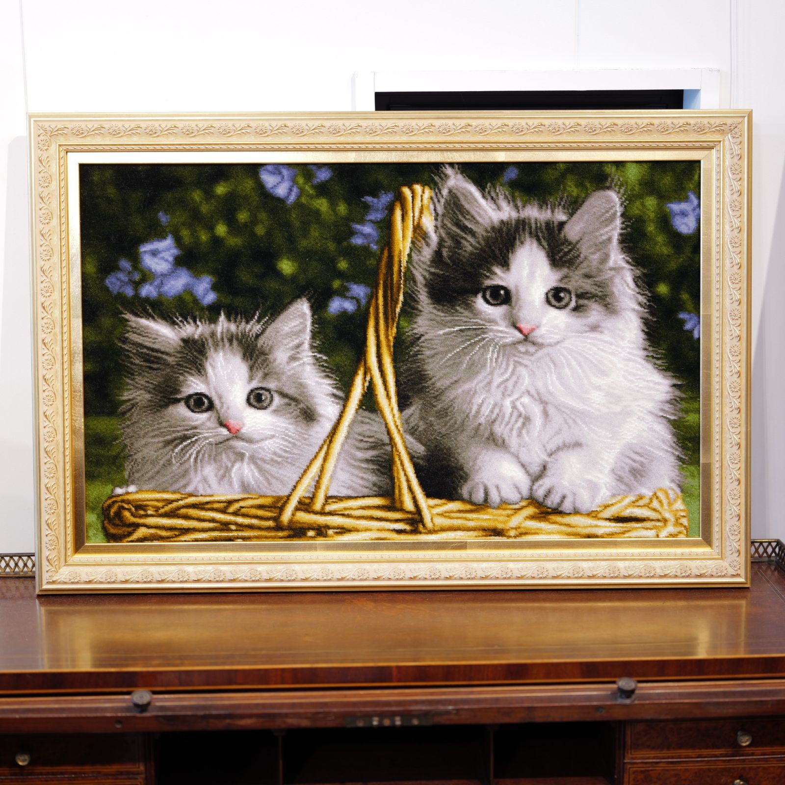 猫 絵画絨毯 ◆高級ペルシャ絨毯◆ウール・シルク手織 タブリーズ産 ペルシャ絵画絨毯 猫デザイン 40×65cm ウール×シルク