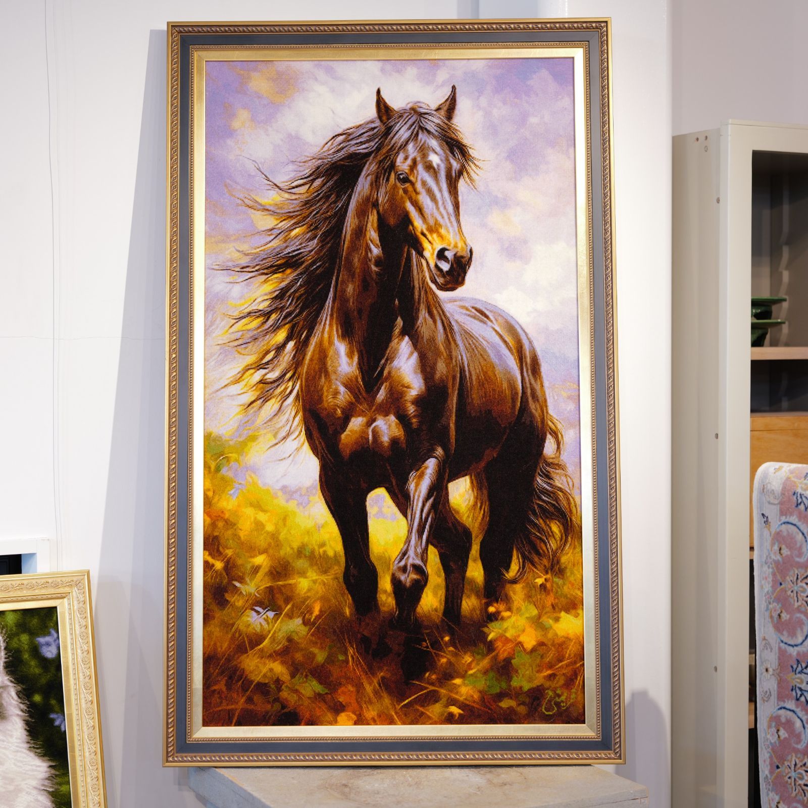 タブリーズ産 ペルシャ絵画絨毯 馬モチーフ 101×58cm ウール×シルク
