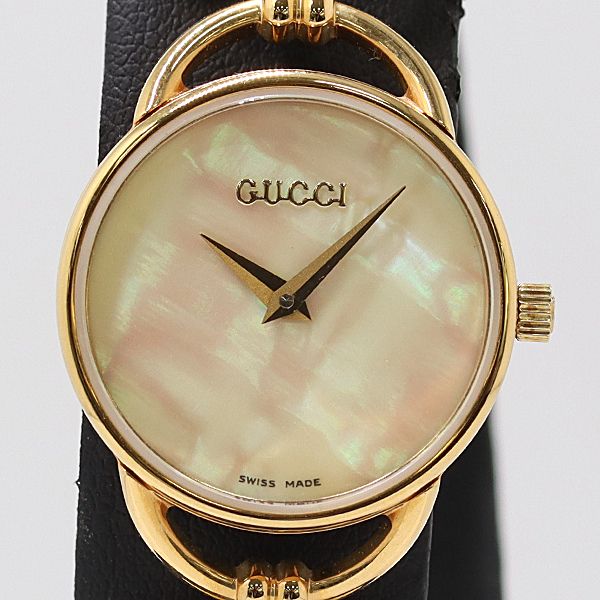 稼働 美品 グッチ 6000.2.L QZ ホワイトシェル文字盤 レディ―ス腕時計