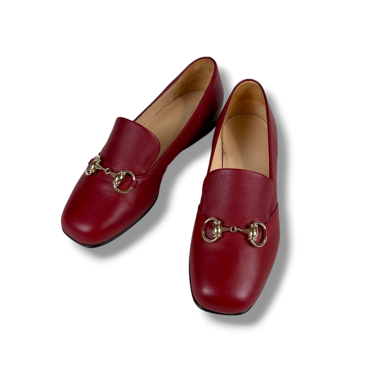 GUCCI グッチ スクエアトゥ ホースビット ローヒール パンプス レッド 