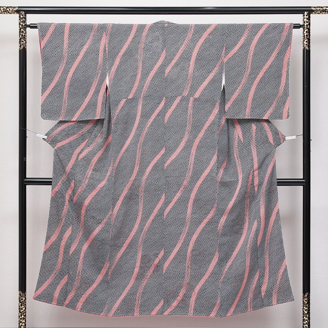 「縁」147ｃｍ～153ｃｍ 単衣 ちりめん地 小紋 バチ衿 正絹 Ｉ８８１ 縁」147cm～153cm 単衣 ちりめん地 小紋 バチ衿 正絹 I881の
