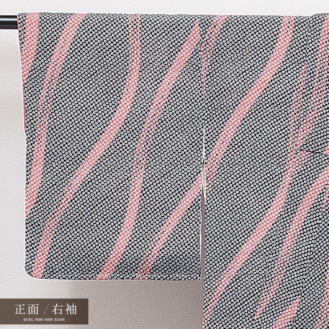 「縁」147ｃｍ～154ｃｍ 作家物 ちりめん地 縞柄 小紋 正絹 Ｉ２９５ 小紋 袷 身丈146cm 裄丈61cm 正絹 Sランク インフォーマル バチ衿 XS