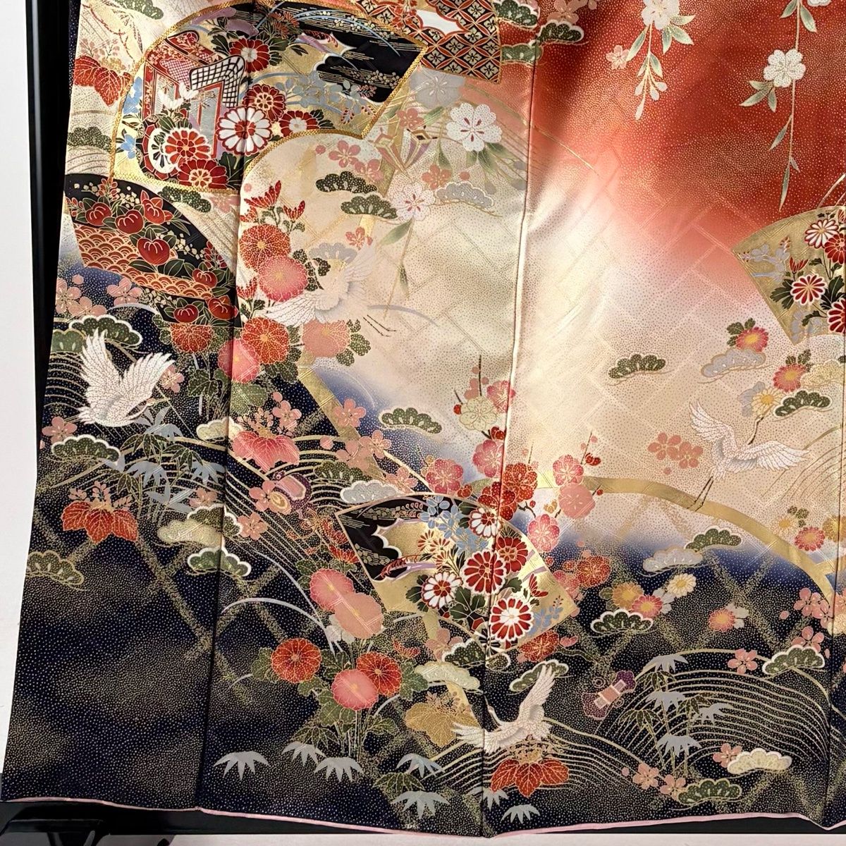 振袖 身丈160.5cm 裄丈66.5cm M 袷 扇面 御所車 金糸 金彩 朱色 正絹