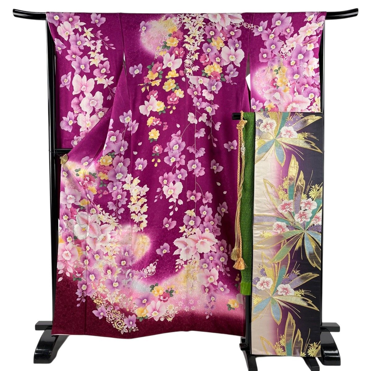 美品】 振袖 身丈162cm 裄丈67cm M 袷 袋帯フルセット カトレア 草花