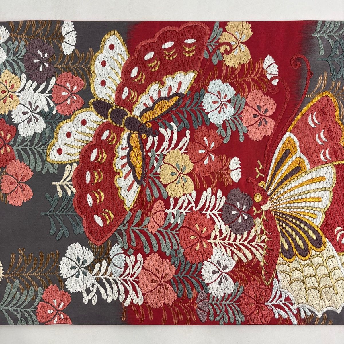 袋帯 秀品 落款 藤原織物 蝶 撫子 唐織 金糸 赤 六通 正絹 【中古 