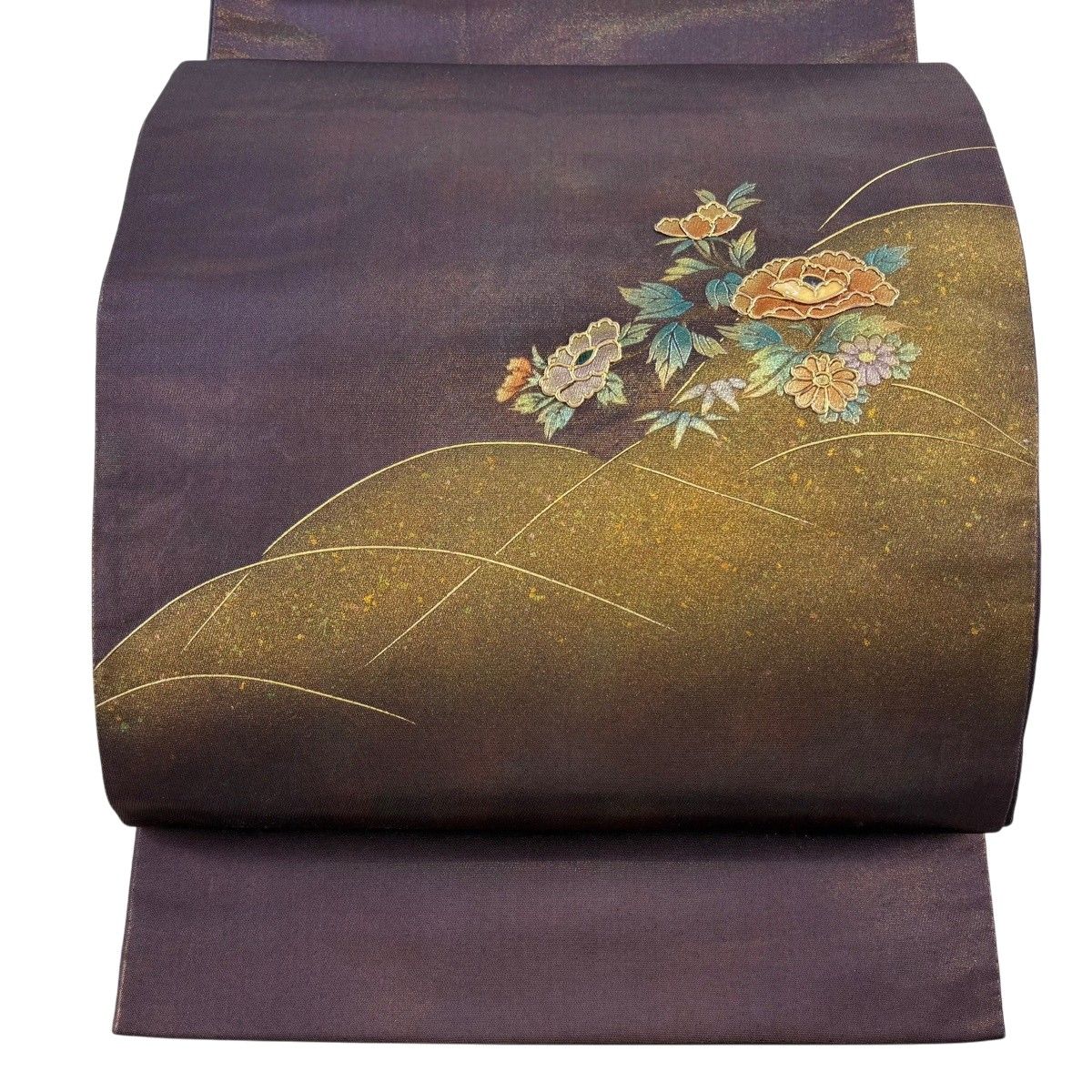 ♪袋帯 金彩の花 お太鼓柄 443cm 札幌♪ 袋帯 秀品 草花 螺鈿 金彩 紫 お太鼓柄 正絹 【中古】 - メルカリ
