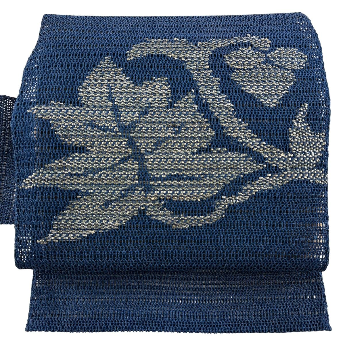 名古屋帯 秀品 夏帯 八寸名古屋帯 羅織 花唐草 箔 紺色 正絹 【中古