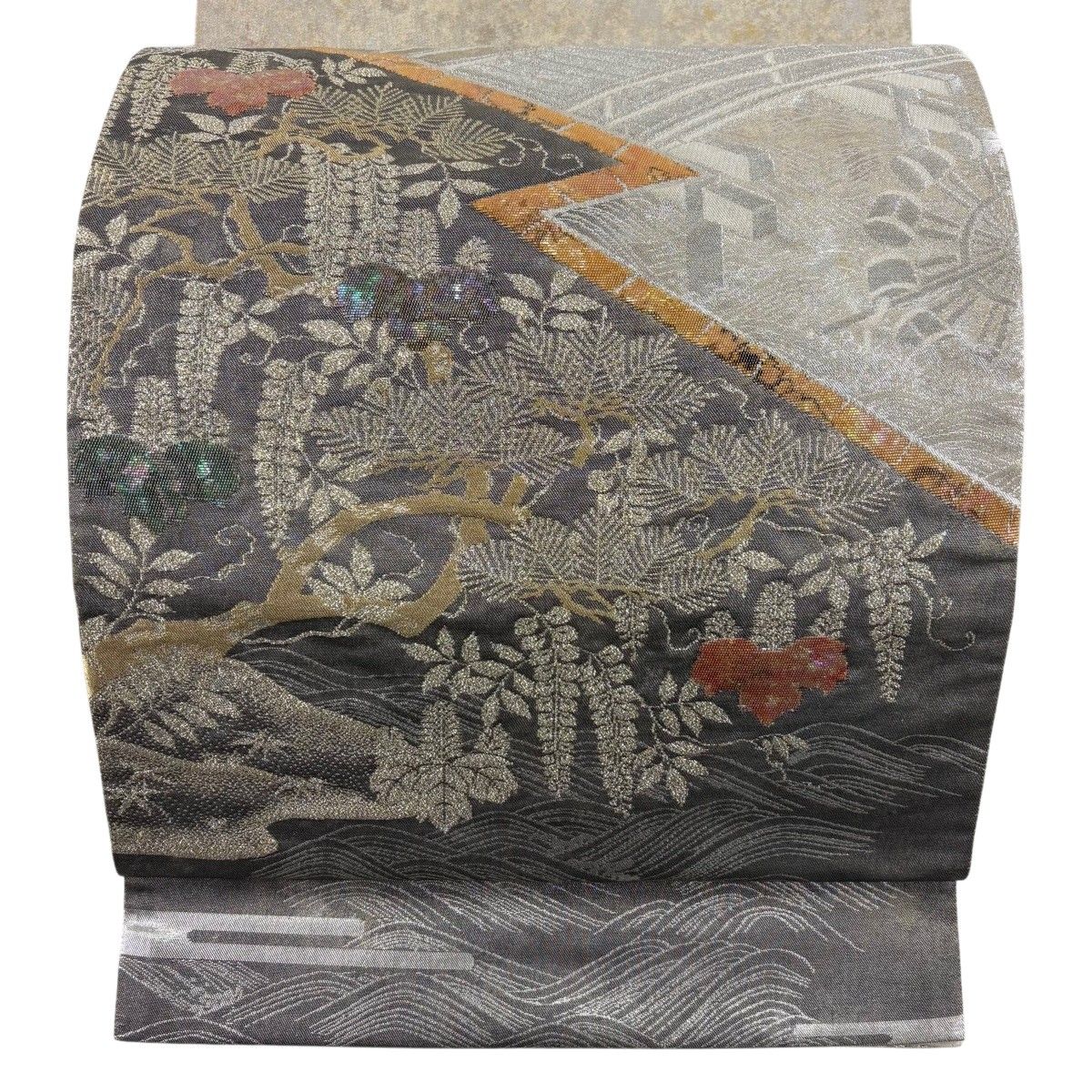 袋帯 正絹 お太鼓柄 オシドリ柄 刺繍入り 銀糸金糸 ゴールドｘシルバーｘ多色 礼装 フォーマル 仕立て上がり 長さ440cm 【キモノオフ野々市若松店】 袋帯 正絹 お太鼓柄 オシドリ柄 刺繍入り 銀糸金糸 ゴールドxシルバー