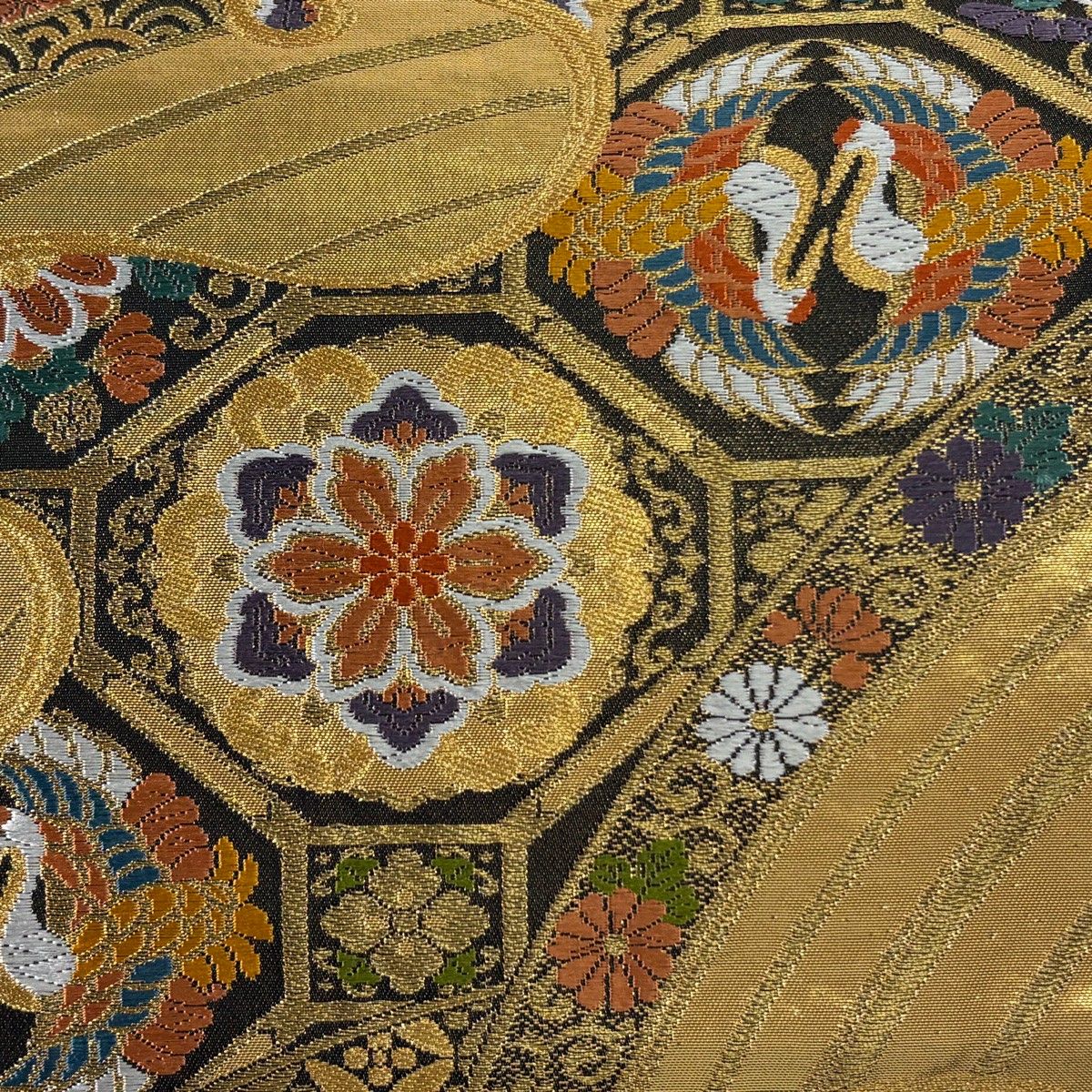 袋帯 美品 秀品 鳥 花唐草 金糸 箔 オレンジ 六通 正絹 【中古 