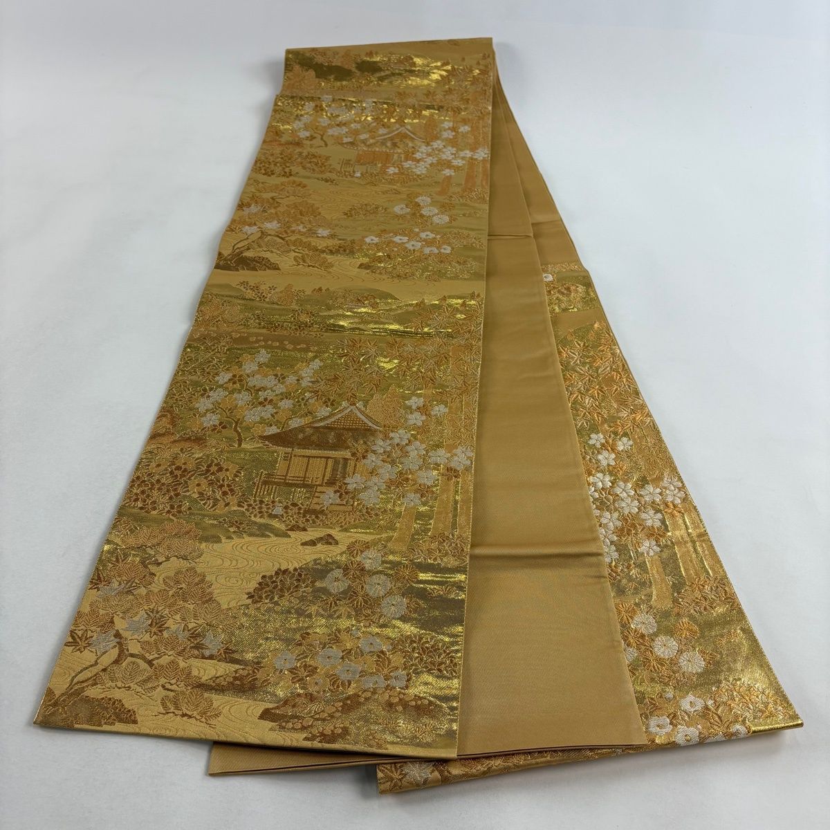 美品】 袋帯 秀品 じゅらく 落款 建物 風景 金糸 箔 金色 六通 正絹