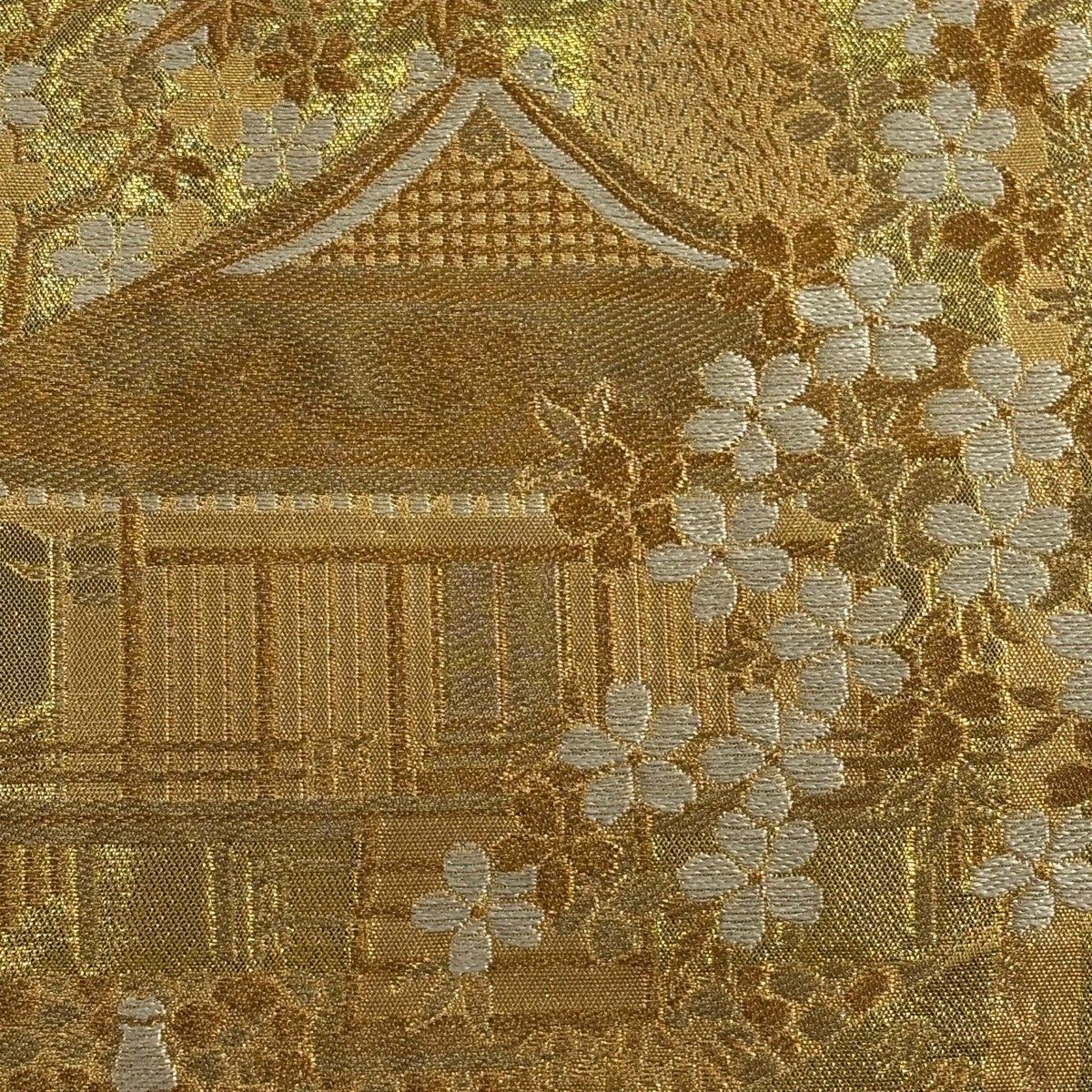 美品】 袋帯 秀品 じゅらく 落款 建物 風景 金糸 箔 金色 六通 正絹