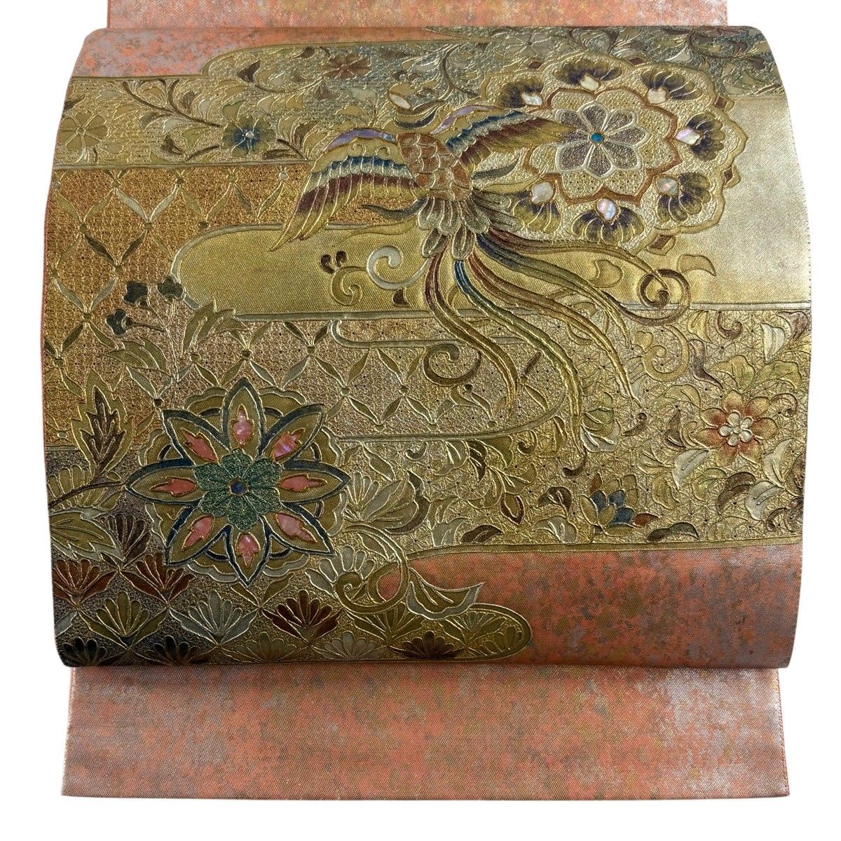 袋帯 秀品 華文 鳥 金彩 刺繍 薄オレンジ お太鼓柄 正絹 【中古