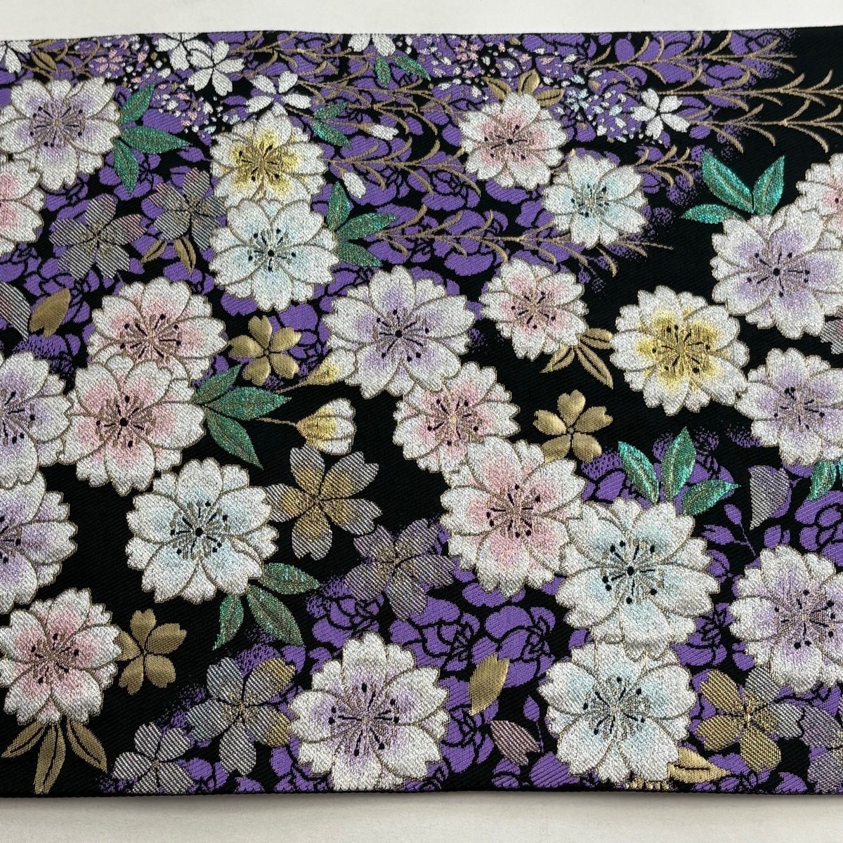 袋帯 中古 リサイクル 正絹 フォーマル 仕立て上がり 六通 花模様 桜 櫛 箔糸 黒紫色 多色 金 きもの北條 A1345-17 袋帯 中古 リサイクル 正絹 フォーマル 仕立て上がり 六通 花模様 薄