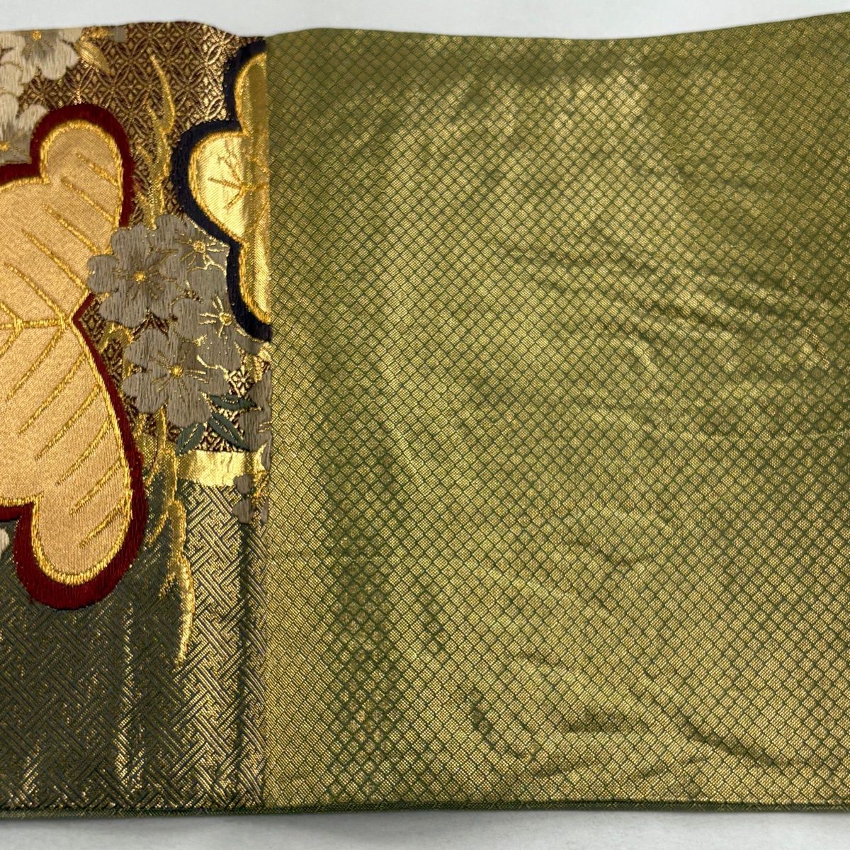 袋帯 秀品 笠松 桜 金糸 箔 灰緑 六通 正絹 【中古】 - メルカリ