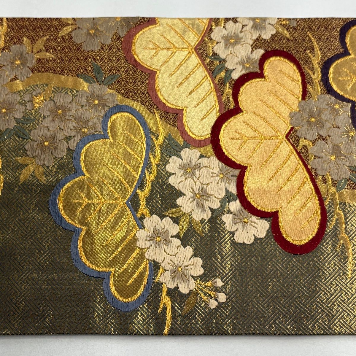 袋帯 秀品 笠松 桜 金糸 箔 灰緑 六通 正絹 【中古】 - メルカリ